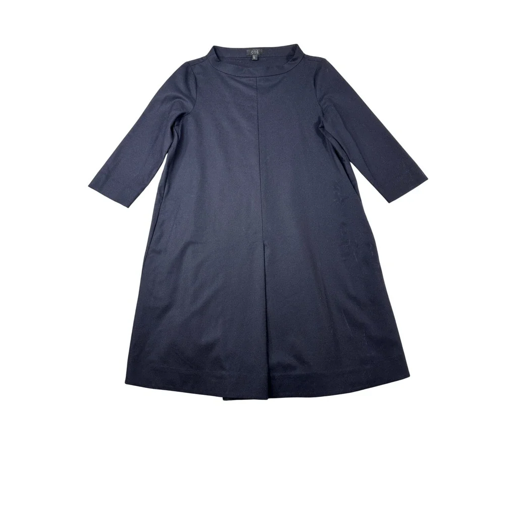 COS Navy Blue Wool Blend A-Line Shift Dress 3/4 Sleeve Boat‎ Neck Size 6